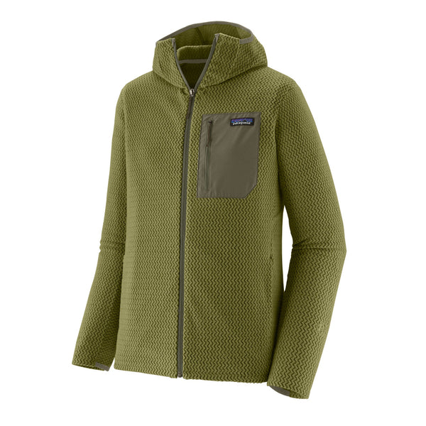 Caper green Patagonia Men's R1 Air Full Zip Fleece Hoody with front zip pocket and a visible brand logo, on a white background.