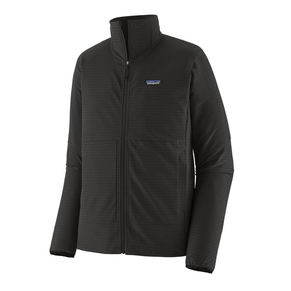 A black Patagonia Men's R1 TechFace Jacket on a white background.