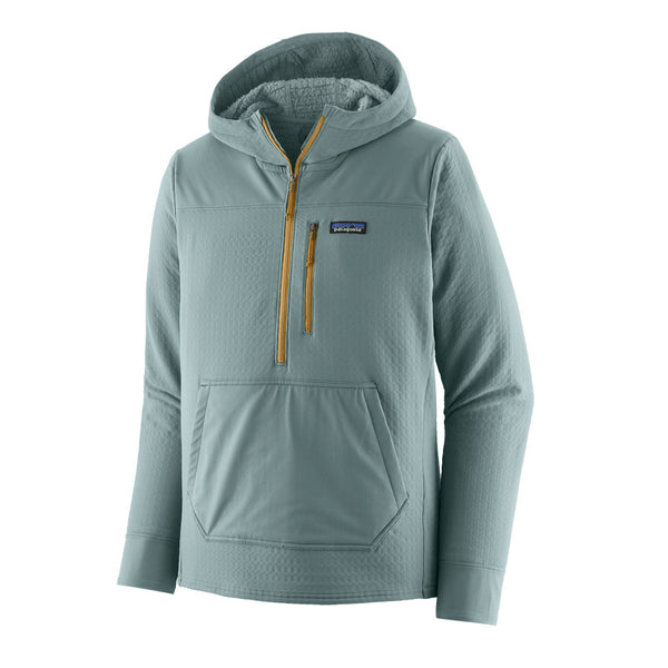 Blue sage hooded Patagonia Men's R2 Techface Pullover with a zipper front pocket on a white background.