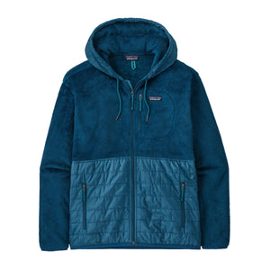 Patagonia Men's Re-Tool Hybrid Hoody in lagom blue color with a hood and zippered front pockets, on a white background.