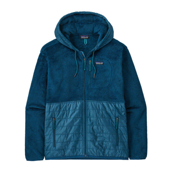 Patagonia Men's Re-Tool Hybrid Hoody in lagom blue color with a hood and zippered front pockets, on a white background.