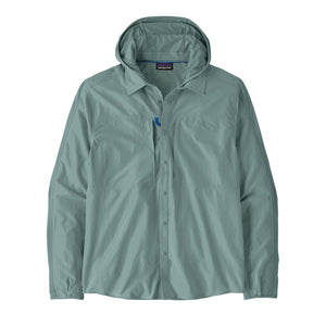 A men's Patagonia River Rambler Hybrid UPF Sun Hoody in Blue Sage, featuring a collar and button front on a long sleeved shirt, with a removable hood, against a white background.