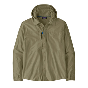 A men's Patagonia River Rambler Hybrid UPF Sun Hoody in River Rock Green, featuring a collar and button front on a long sleeved shirt, with a removable hood, against a white background.