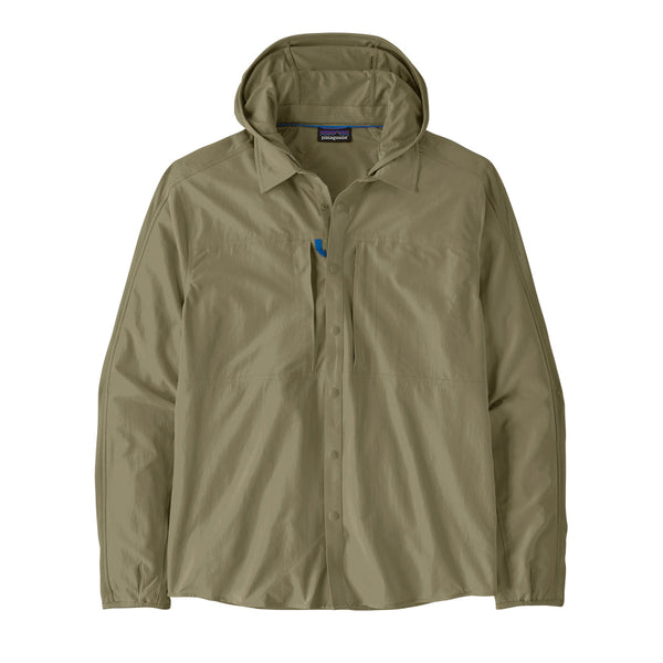 A men's Patagonia River Rambler Hybrid UPF Sun Hoody in River Rock Green, featuring a collar and button front on a long sleeved shirt, with a removable hood, against a white background.