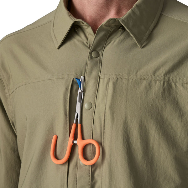 Person wearing the men's Patagonia River Rambler Hybrid UPF Sun Hoody in River Rock Green, showing the use of the integrated hemo tab, against a white background.
