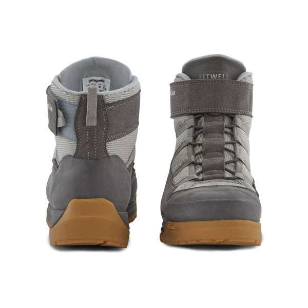 A pair of the Patagonia Men's River Salt Wading Boots II showing both the heel and the toe, against a white background.