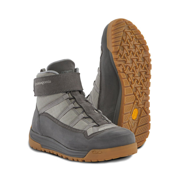 A pair of the Patagonia Men's River Salt Wading Boots II showing the outside of the boot and the non-marking Megagrip sole, against a white background.
