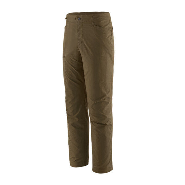 Patagonia Men's RPS Rock Pants in dark ash, featuring multiple pockets and a flexible, articulated design on a white background.