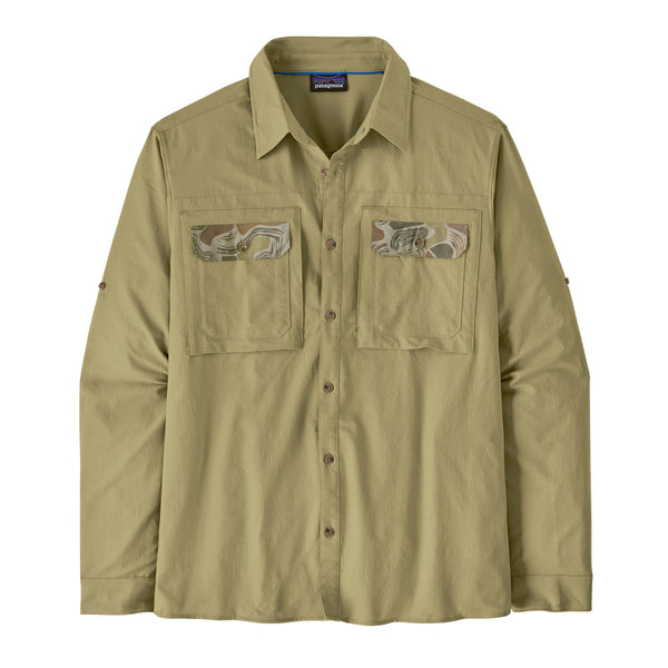 A gumtree green Patagonia Men's Self Guided Sun Shirt with button flap pockets, against a white background.