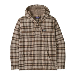 A Patagonia Men's Stretch Fjord Flannel hooded pullover shirt in a brown and beige plaid pattern, featuring a drawstring hood, buttoned placket, and a chest pocket with a signature Patagonia logo patch, against a white background.