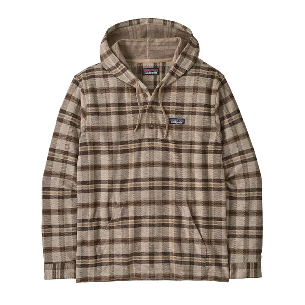 A Patagonia Men's Stretch Fjord Flannel hooded pullover shirt in a brown and beige plaid pattern, featuring a drawstring hood, buttoned placket, and a chest pocket with a signature Patagonia logo patch, against a white background.