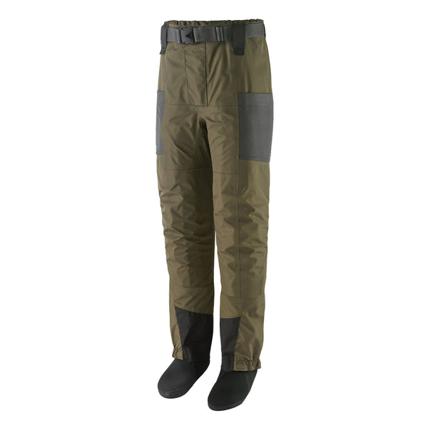 A set of Patagonia Men's Swiftcurrent Pant Waders in basin green, on a white background.