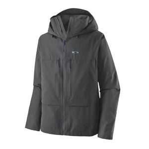 Patagonia Men's Swiftcurrent Wading Jacket in forge grey color with a hood, zip pockets, and an adjustable drawcord, on a white background.