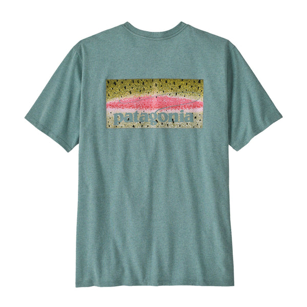 Back of the Patagonia Take a Stand Responsibili-Tee in blue sage color showing a rainbow trout and logo graphic on a white background.