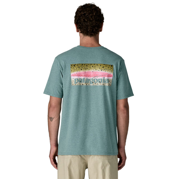 Back view of a person wearing the Patagonia Take a Stand Responsibili-Tee in rainbow run and blue sage color on a white background.