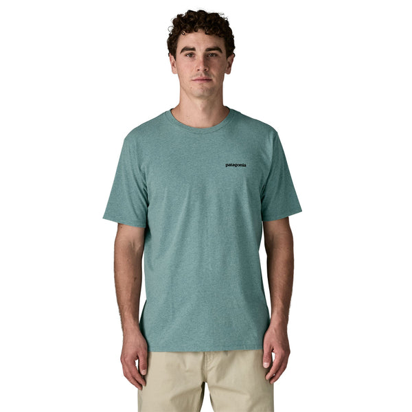 Front view of a person wearing the Patagonia Take a Stand Responsibili-Tee in blue sage color on a white background.