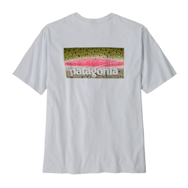 Back of the Patagonia Take a Stand Responsibili-Tee in white color showing a rainbow trout and logo graphic on a white background.