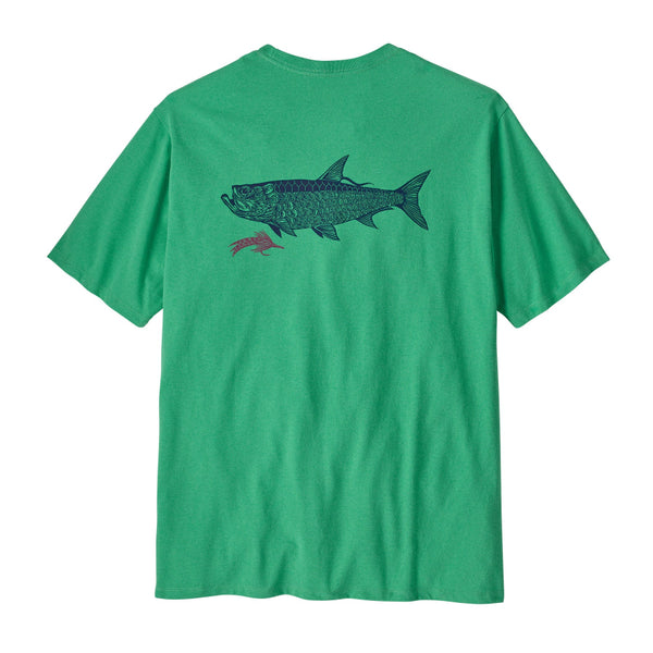 Back of the Patagonia Take a Stand Responsibili-Tee in aqua color showing a tarpon and fly graphic on a white background.
