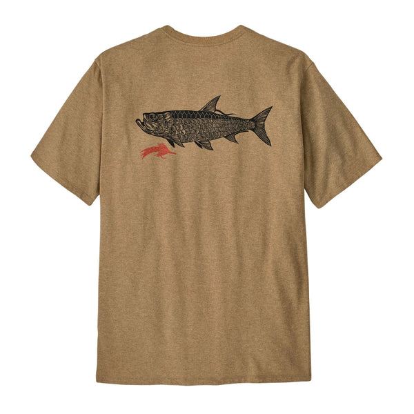Back of the Patagonia Take a Stand Responsibili-Tee in brown color showing a tarpon and fly graphic on a white background.