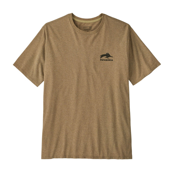 Front of the Patagonia Take a Stand Responsibili-Tee in brown color showing a tarpon and fly graphic on a white background.