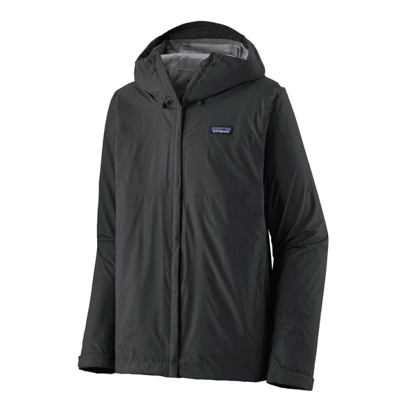 Patagonia Men's Torrentshell 3L Rain Jacket in black on a white background.