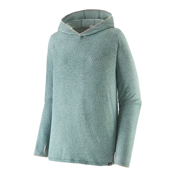 The sea run - sage blue color Patagonia Men's Tropic Comfort Natural Sun Hoody on a white background.