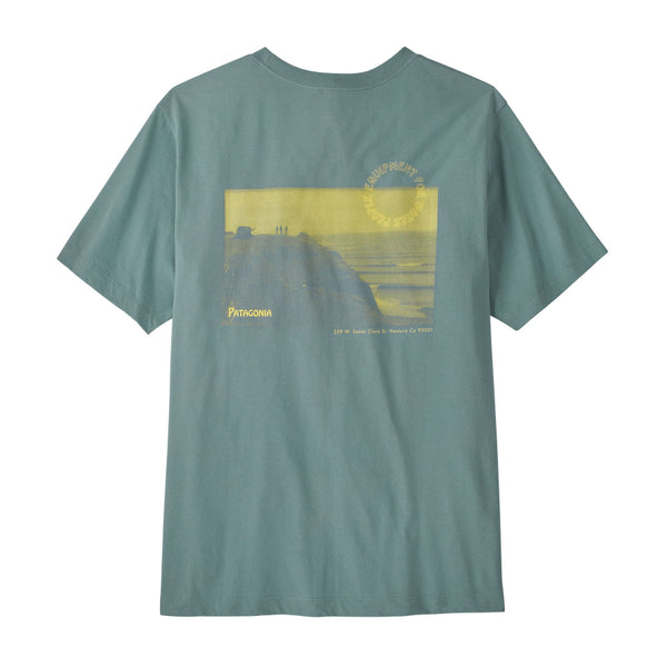 Blue sage Patagonia Men's Water People Spotter t-shirt with custom graphic on the back, on a white background.