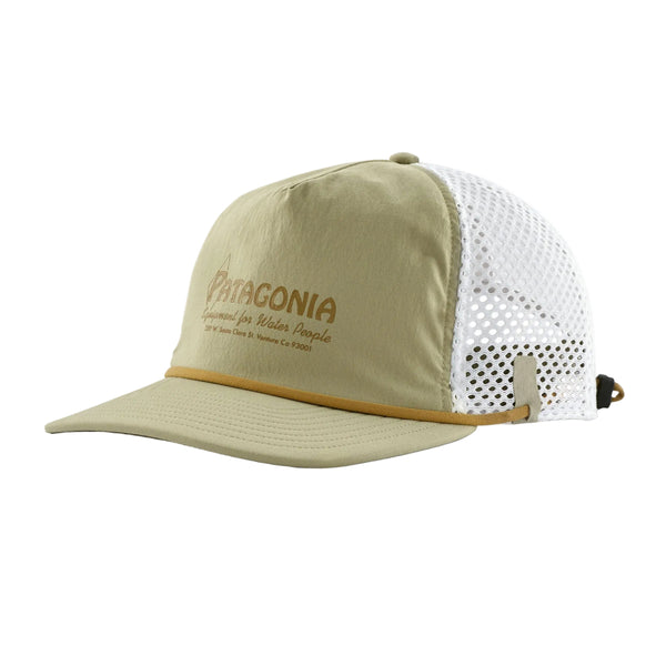 Beige Patagonia Merganzer Water Hat with white mesh back and Patagonia logo on a white background.