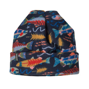 Colorful fish-patterned Navy Salmon Energy Patagonia Micro D Fleece Beanie on a white background.