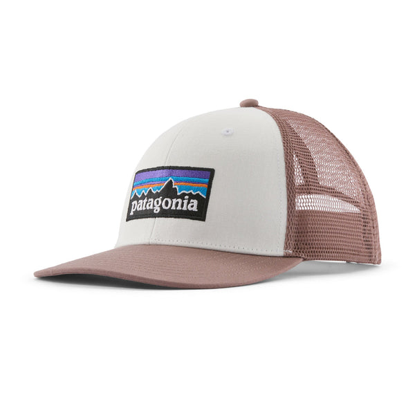 Birch white trucker hat with Patagonia p-6 logo on a white background.