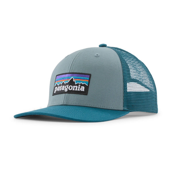 Blue sage trucker hat with Patagonia p-6 logo on a white background.