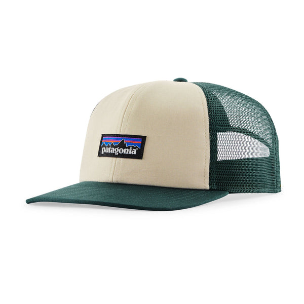 Cascade Green Patagonia Relaxed Trucker Hat with a white front panel and P-6 logo, on a white background.
