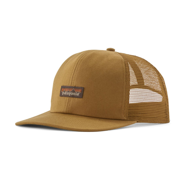 Bobcat brown Patagonia Relaxed Fit Trucker Hat with mesh back on a white background.