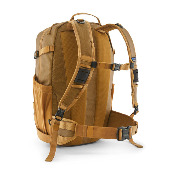 Patagonia Stealth Fishing Backpack 25L in bobcat brown color designed for carrying fishing equipment, on a white background.