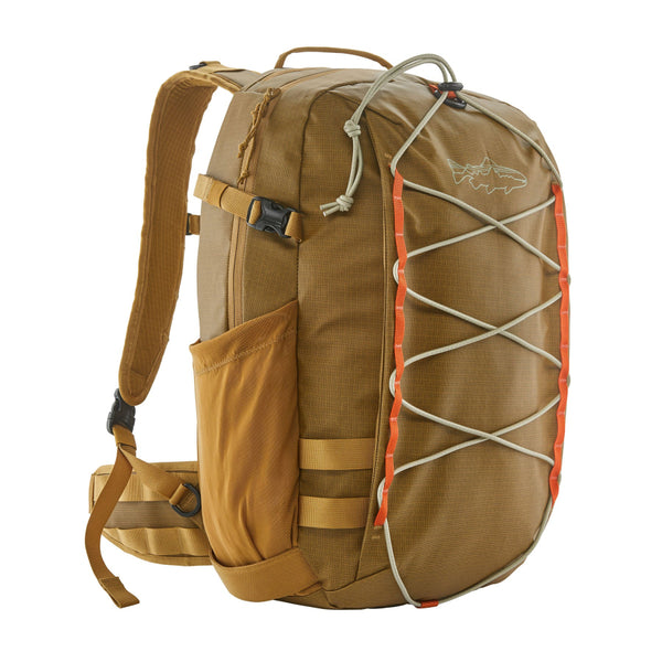 Patagonia Stealth Fishing Backpack 25L in bobcat brown color designed for carrying fishing equipment, on a white background.