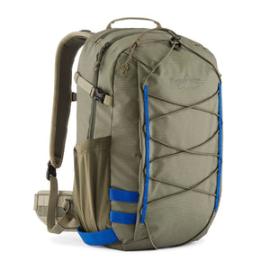 Patagonia Stealth Fishing Backpack 25L in river rock green color designed for carrying fishing equipment, on a white background.