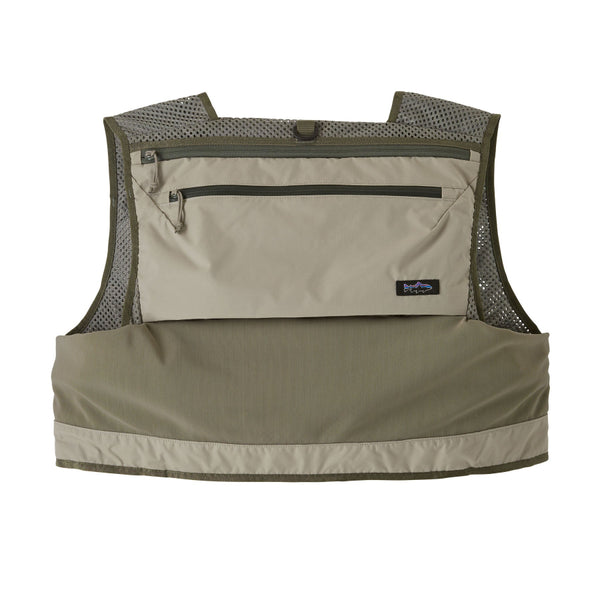 River rock green Patagonia Stealth Pack Fishing Vest with the back pocket shown on a white background.