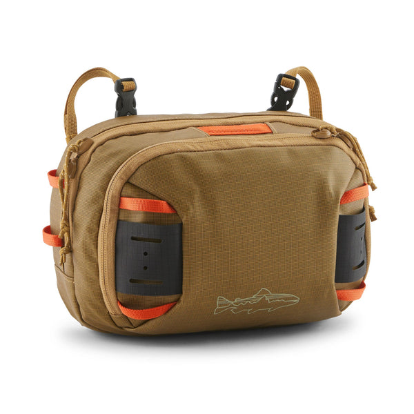 Patagonia Stealth Switch Pack 5L in bobcat brown color designed for carrying fishing equipment, on a white background.
