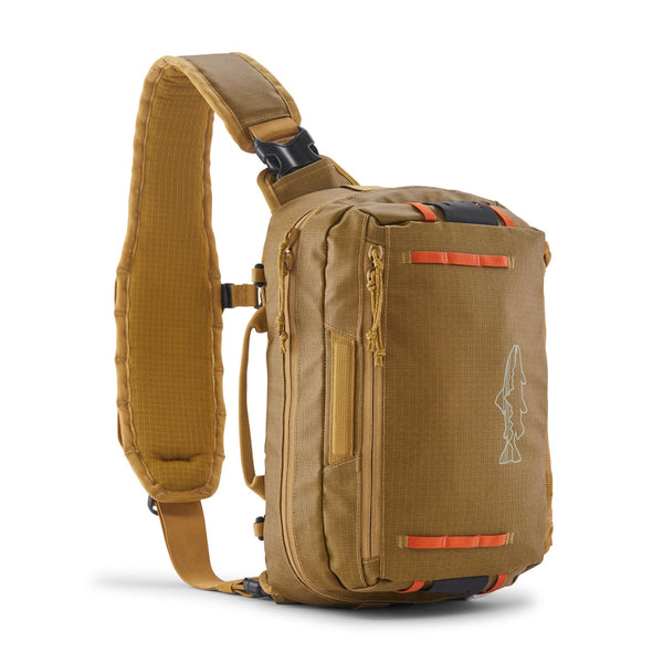 Patagonia Stealth Switch Fishing Sling Pack 9L in bobcat brown color designed for carrying fishing equipment, on a white background.