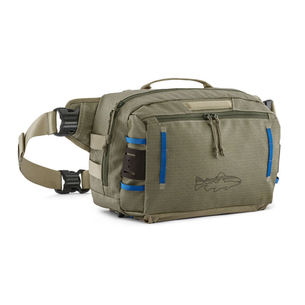 Patagonia Stealth Switch Fishing Sling Pack 9L in river rock green color designed for carrying fishing equipment, shown with the hip pack configuration set up, on a white background.