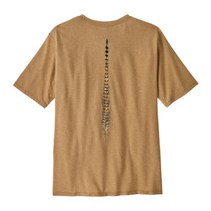 Back of the Patagonia Take a Stand Responsibili-Tee in Golden Talon color showing a pheasant tail feather graphic on a white background.