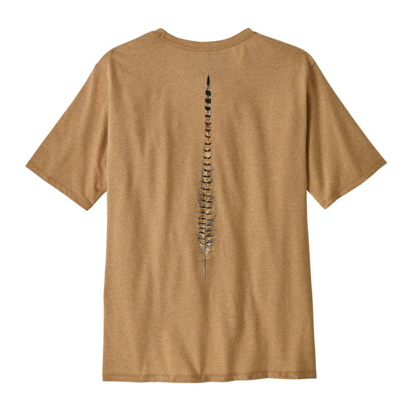 Back of the Patagonia Take a Stand Responsibili-Tee in Golden Talon color showing a pheasant tail feather graphic on a white background.