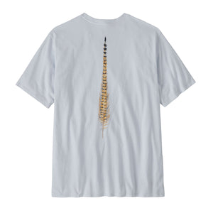 Back of the Patagonia Take a Stand Responsibili-Tee in white color showing a pheasant tail feather graphic on a white background.