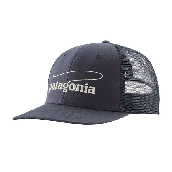 Smolder blue Patagonia Take a Stand Trucker Hat featuring the casting logo on the front, on a white background.