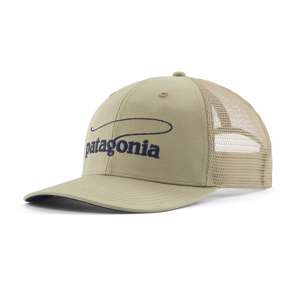 Weathered stone beige Patagonia Take a Stand Trucker Hat featuring the casting logo on the front, on a white background.