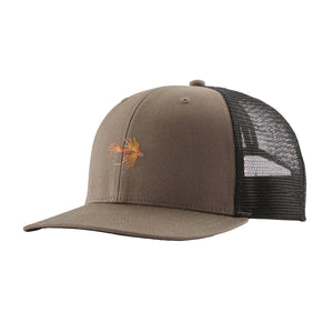 Marlow Brown Patagonia Take a Stand Trucker hat with black mesh back and embroidered fly emblem on a white background.
