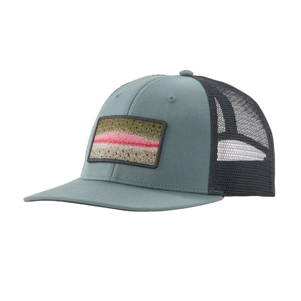 Sage blue with a grey mesh Patagonia Take a Stand Trucker Hat featuring the rainbow run patch on the front, on a white background.