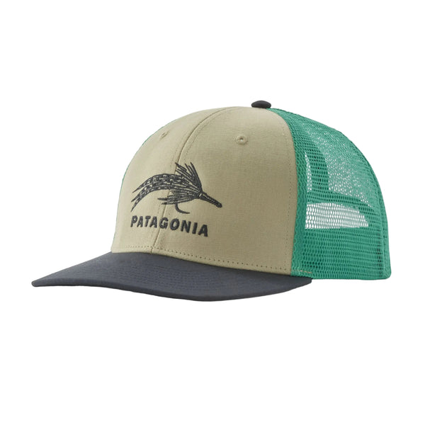 Beige, green, and grey Patagonia Take a Stand Trucker Hat featuring a salty roach tarpon fly on the front, on a white background.