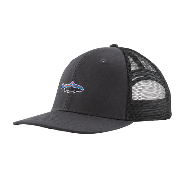 Black Patagonia Take a Stand Trucker Hat featuring a small Fitz Roy Trout Logo on the front, on a white background.