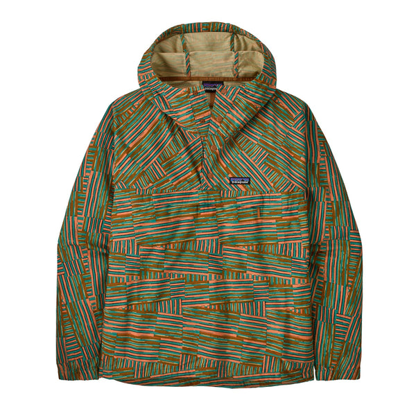 A Patagonia Funhoggers Anorak Pullover with a geometric pattern in green, orange, and other colors, featuring a hood and a drawcord on a white background.